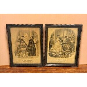 2 La Mode Illustree Paris 1800’s Framed Prints Ads Vintage French Wood Frames